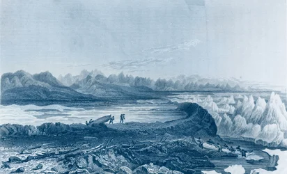 Csónakok vízre bocsátása a Conybeare-hegygel szemközti zátonyon Sir John Franklin (1786-1847) „Narrative of Journey to the Shores of the Polar Sea in the Years 1819-22” című művéből, Edward Finden metszetével.